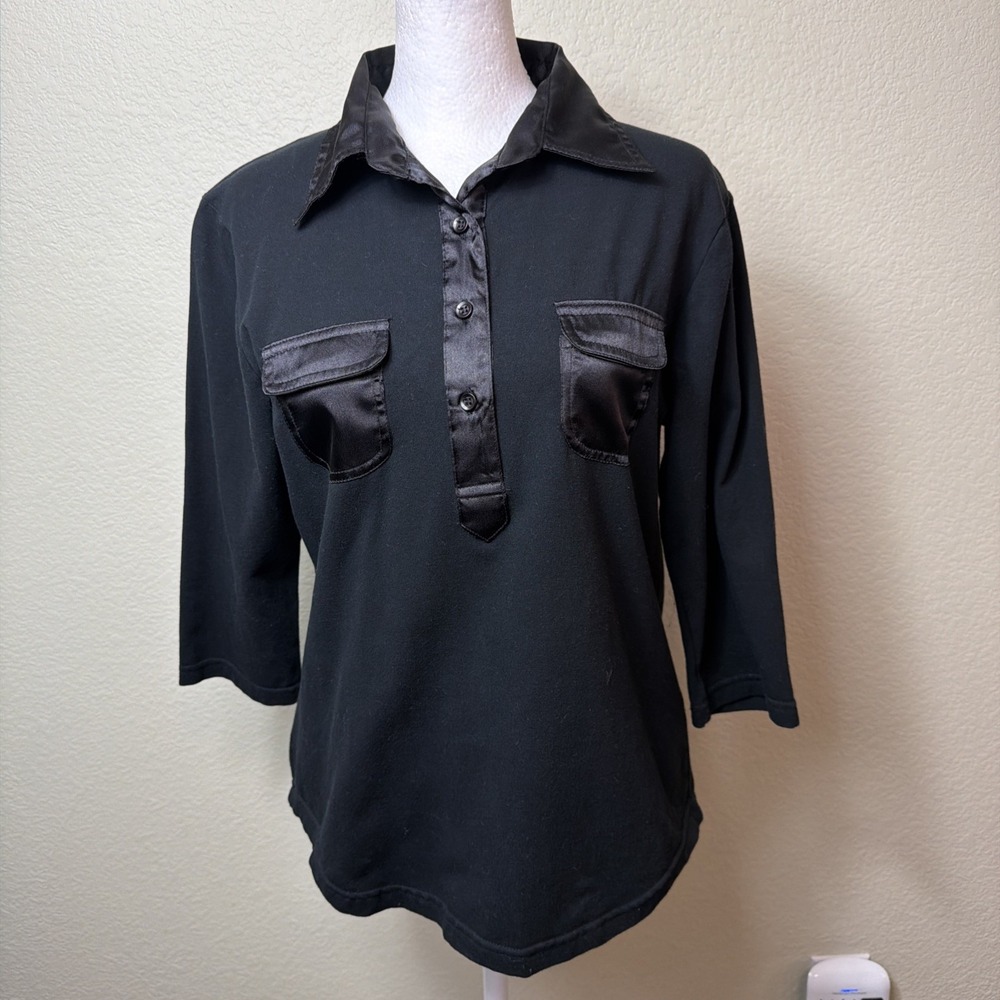 Once 1 Again Black Blouse M Flap Pocket Henley Top Contrast Trim Knit Stretch